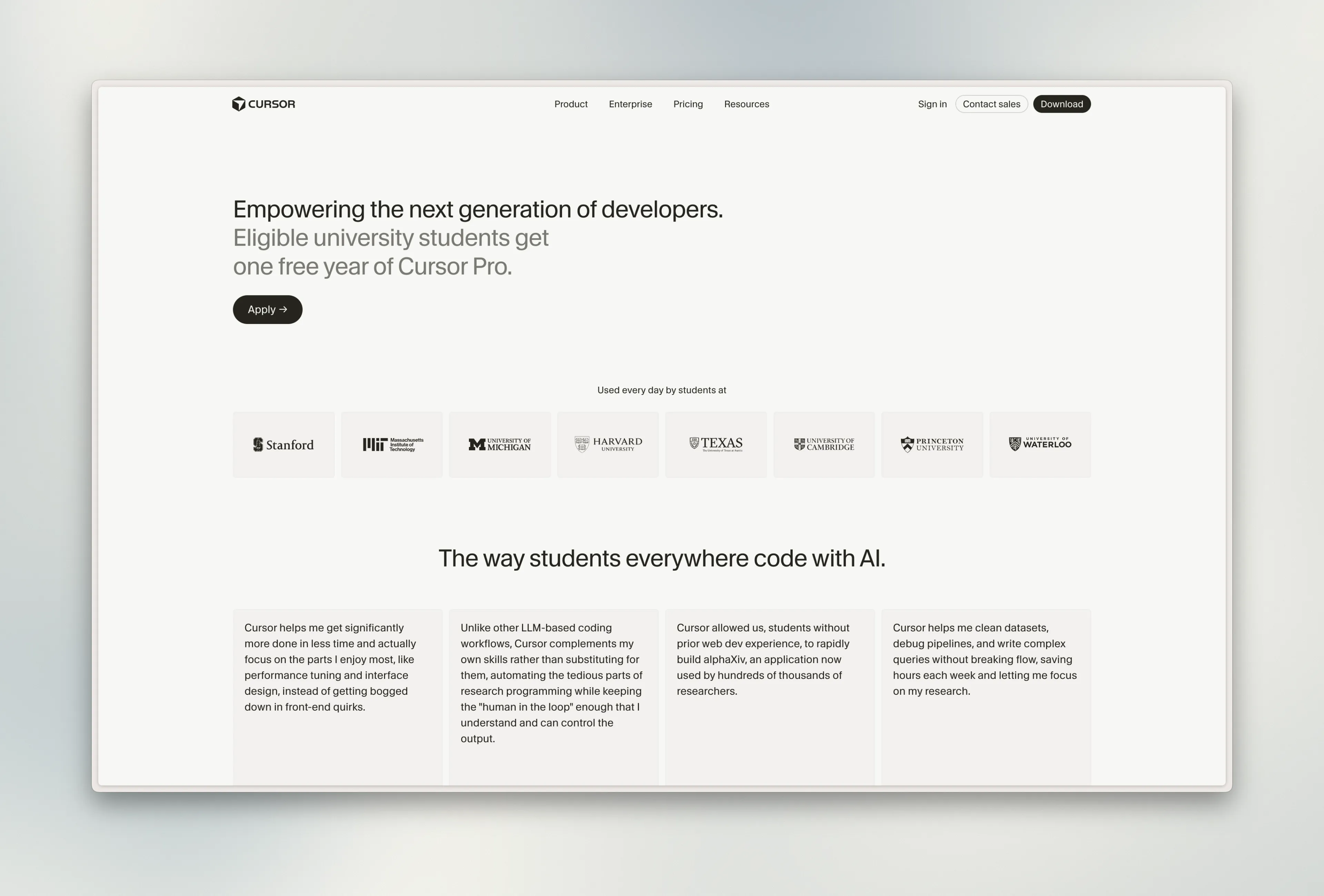 The Cursor for Students page showing free Pro access for university students