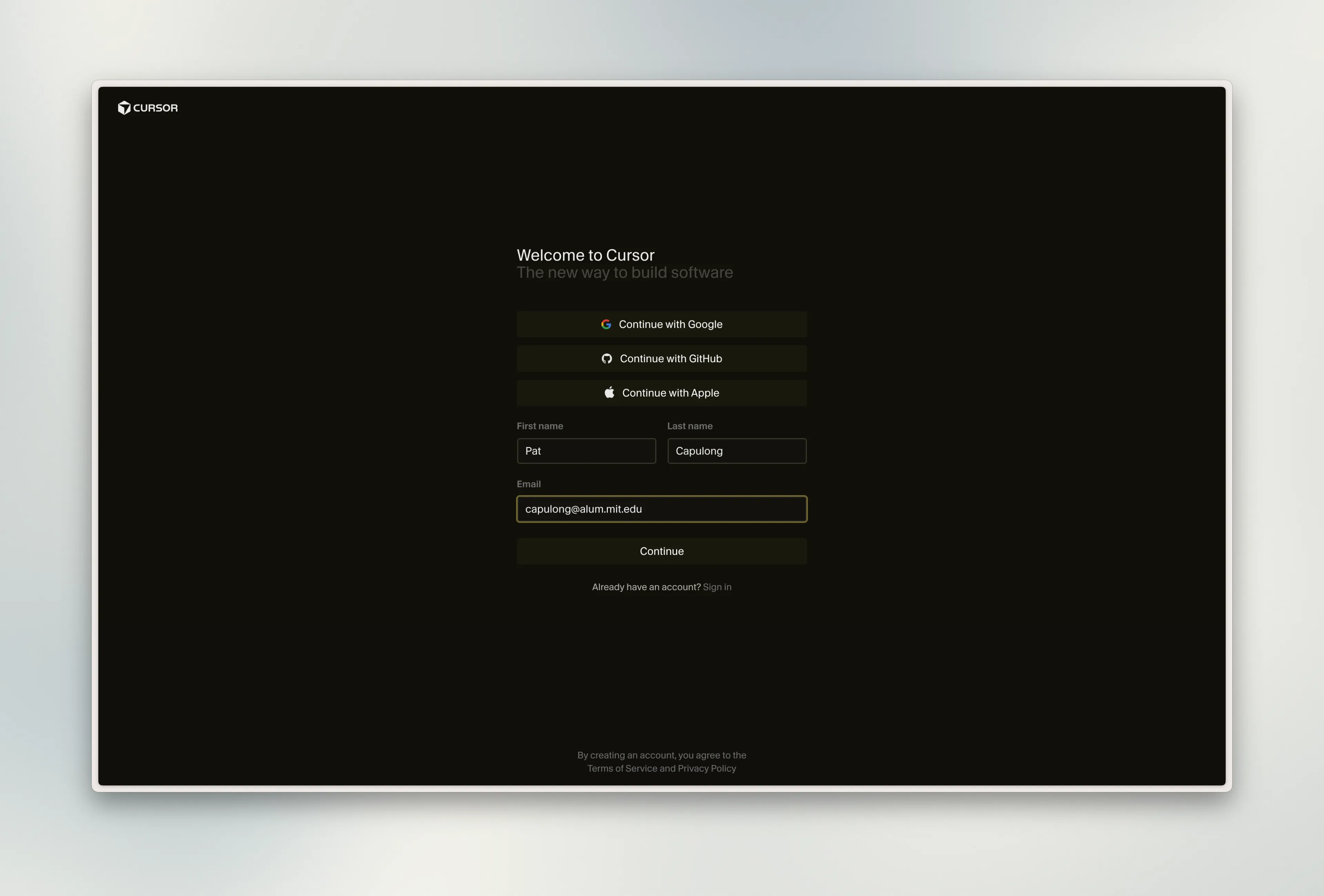 Cursor account creation page with email and name fields