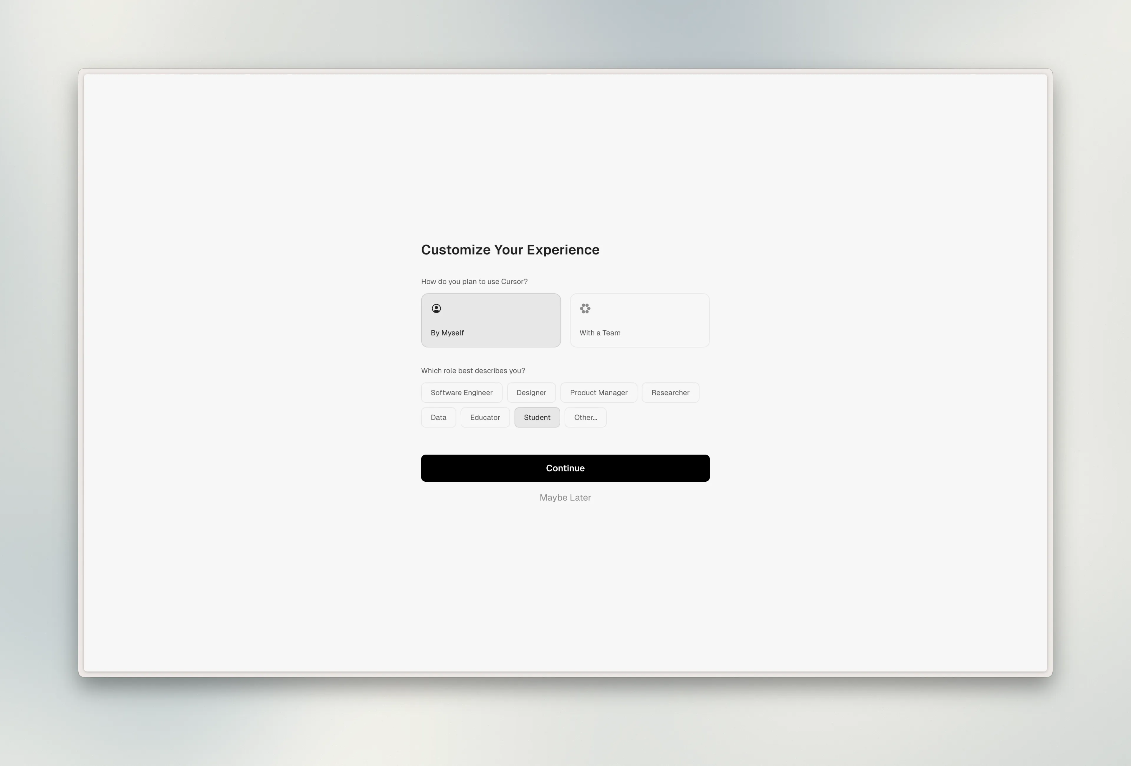Cursor onboarding screen asking you to customize your experience