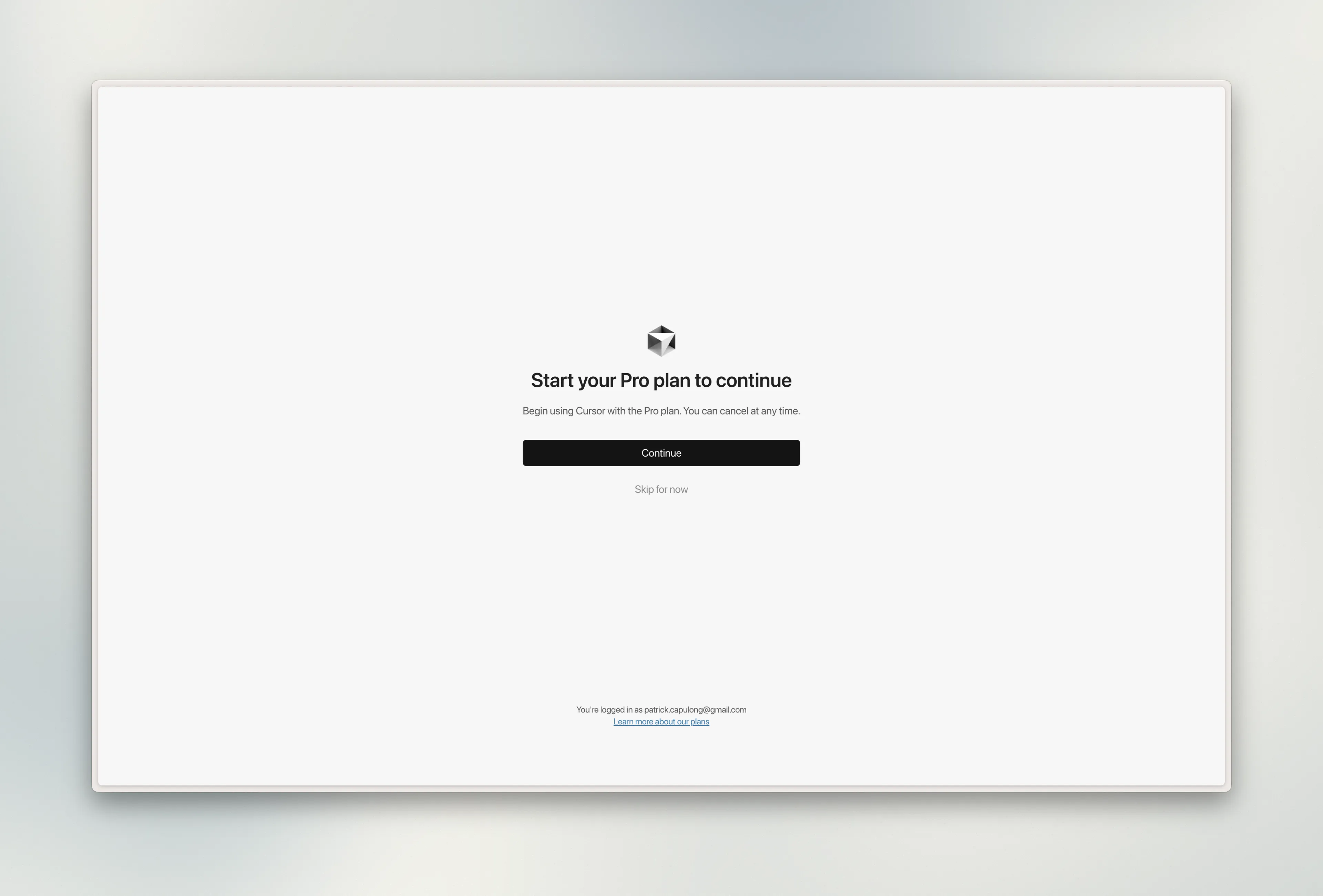 Cursor Pro trial screen with a Skip option