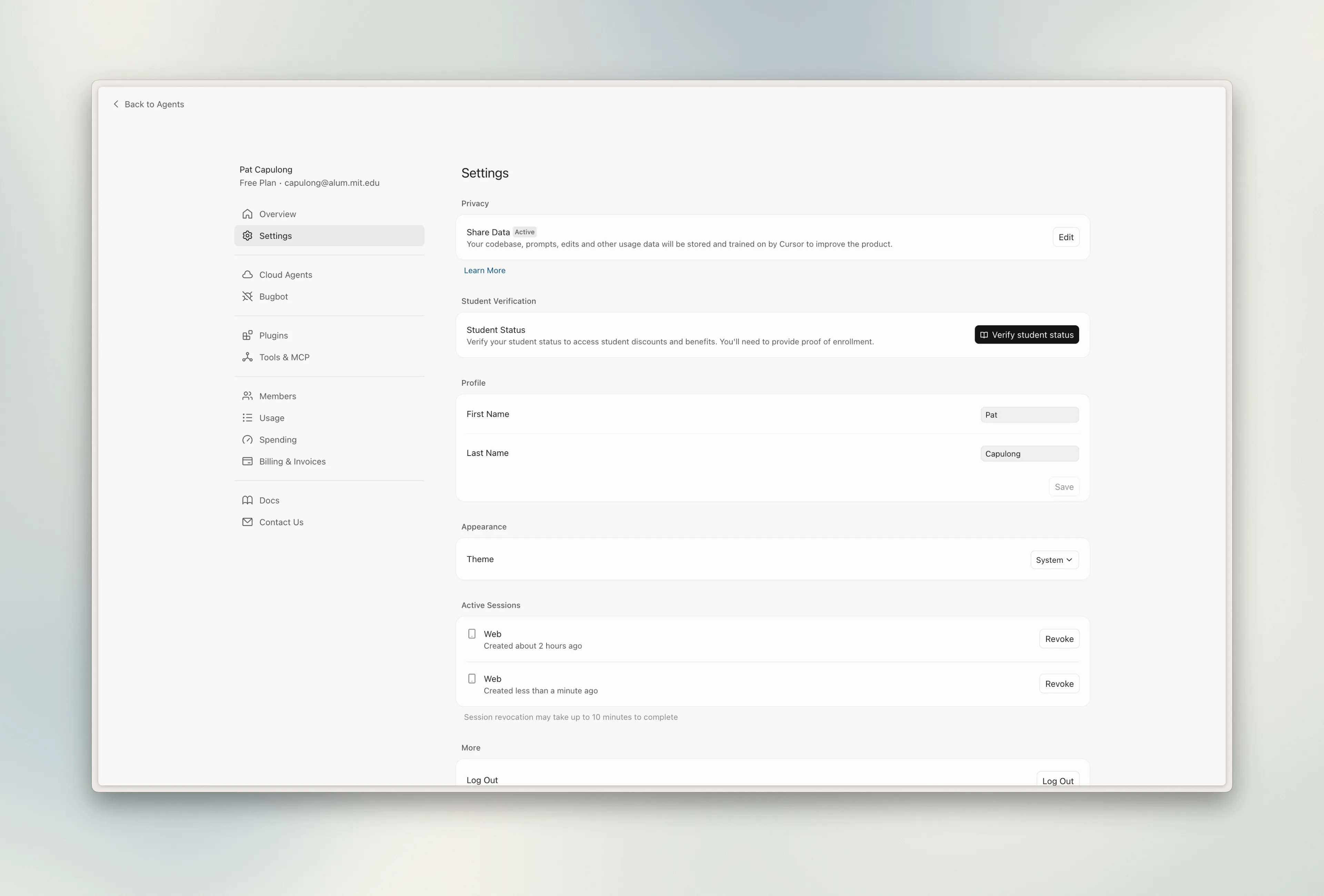 Cursor settings page showing the Student Verification section