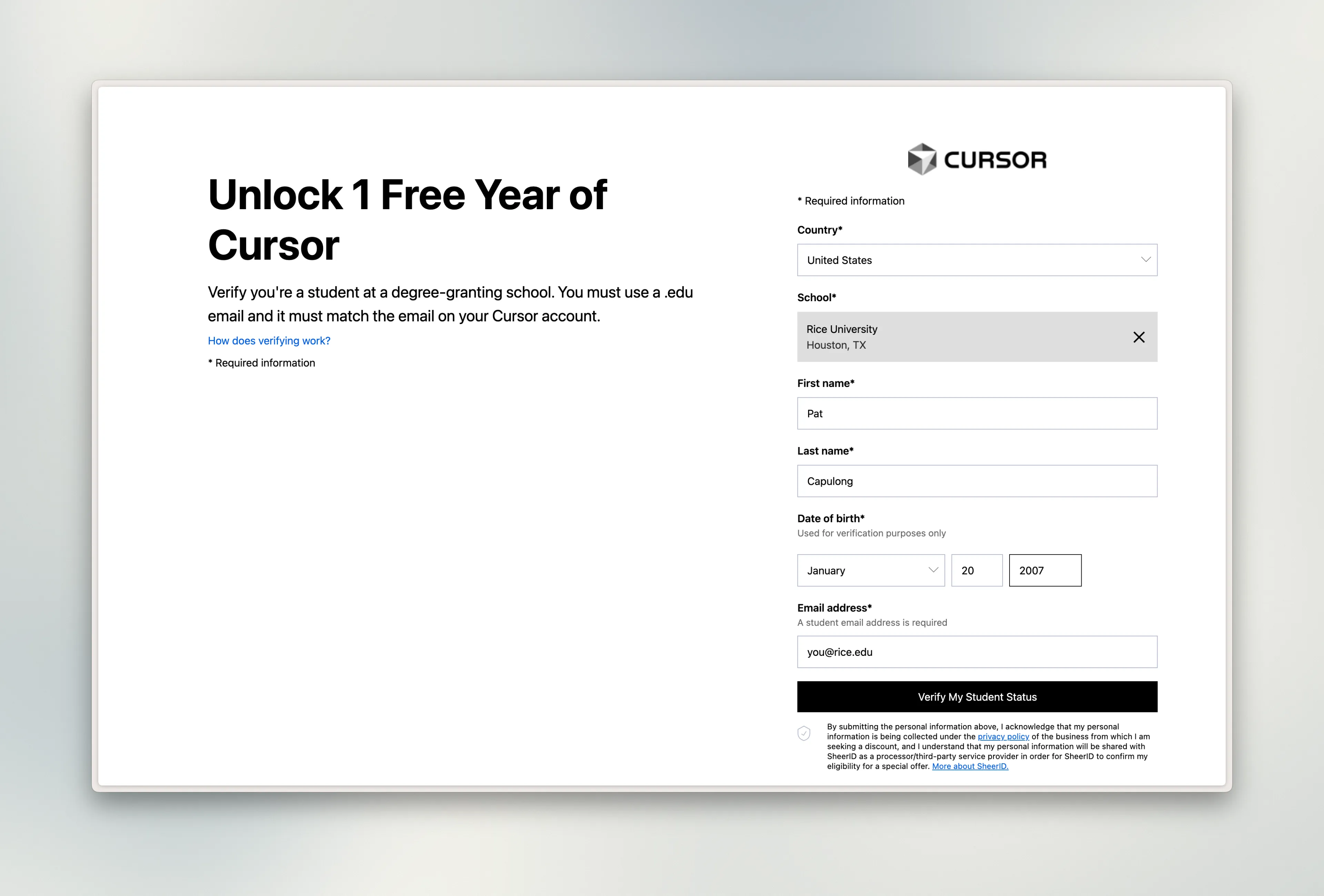SheerID verification form for unlocking 1 free year of Cursor