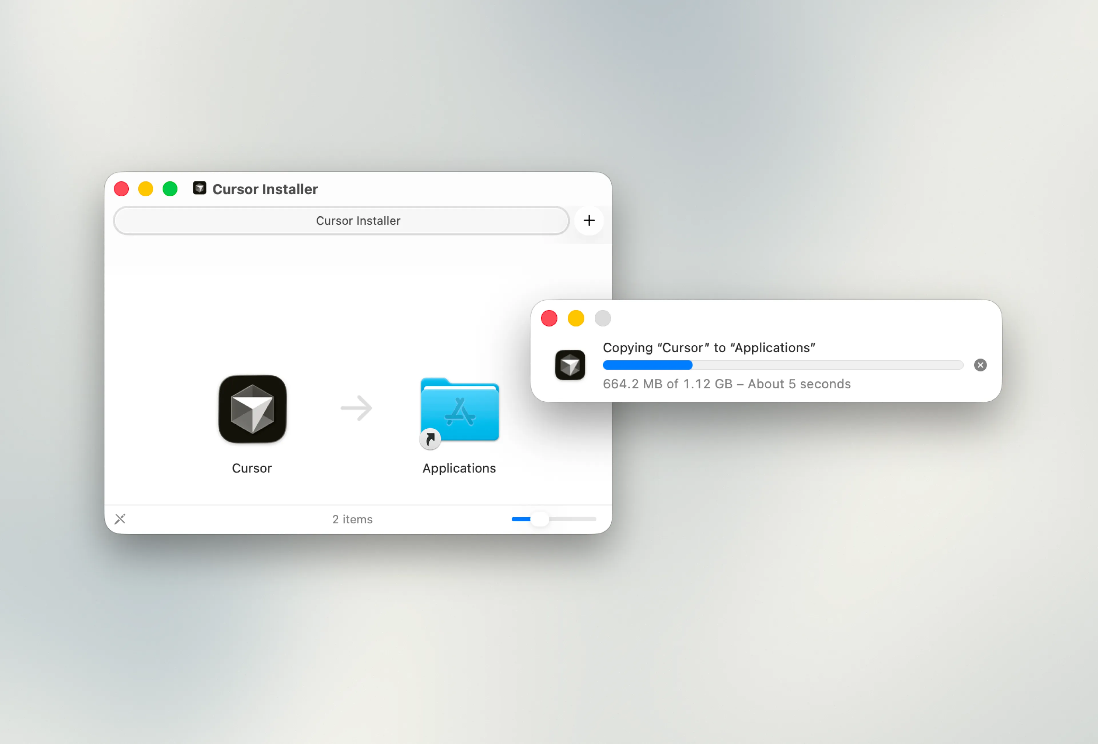 Mac installer showing Cursor being dragged to the Applications folder