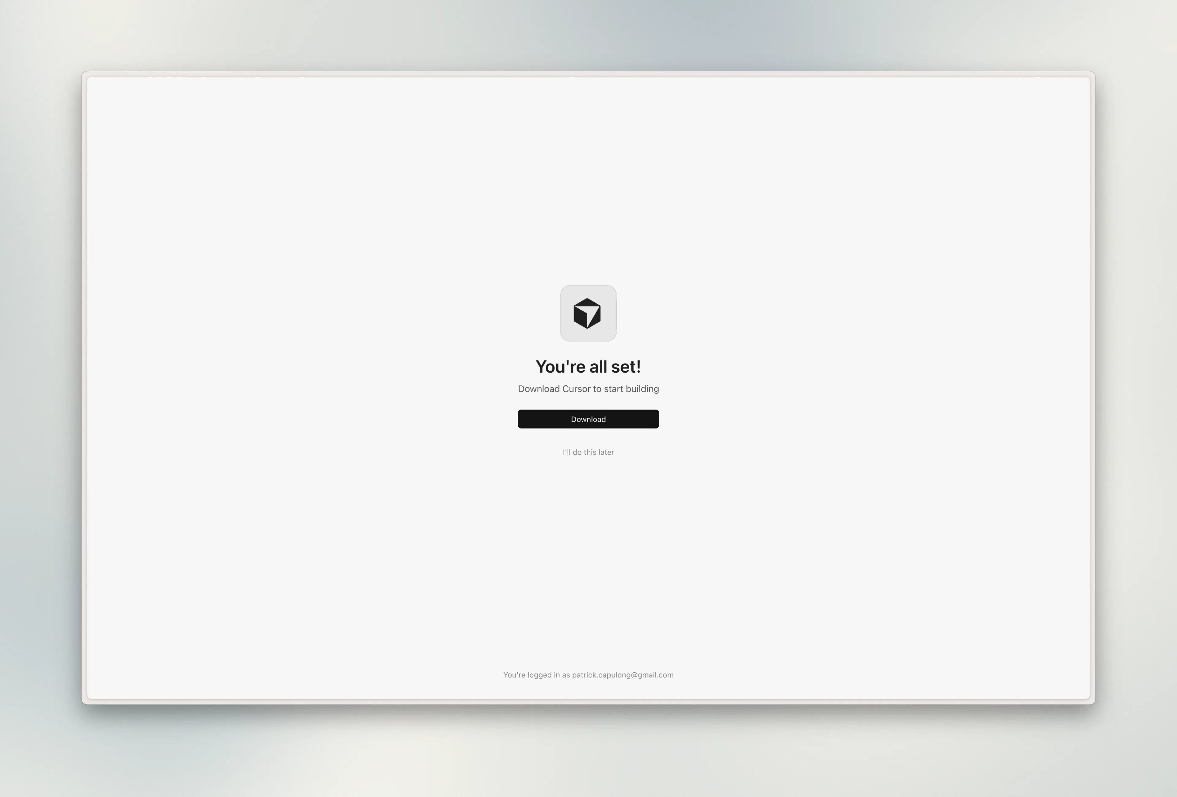 Cursor account creation complete screen with Download button