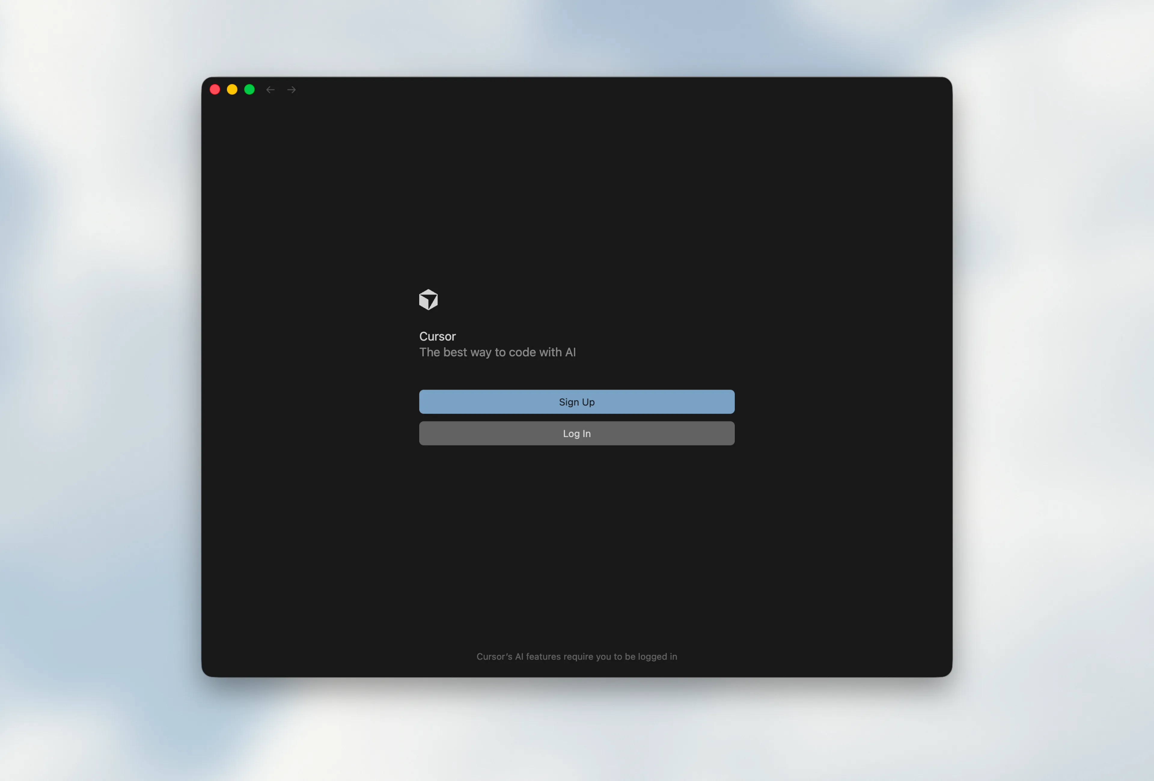 Cursor welcome screen with Sign Up and Log In buttons
