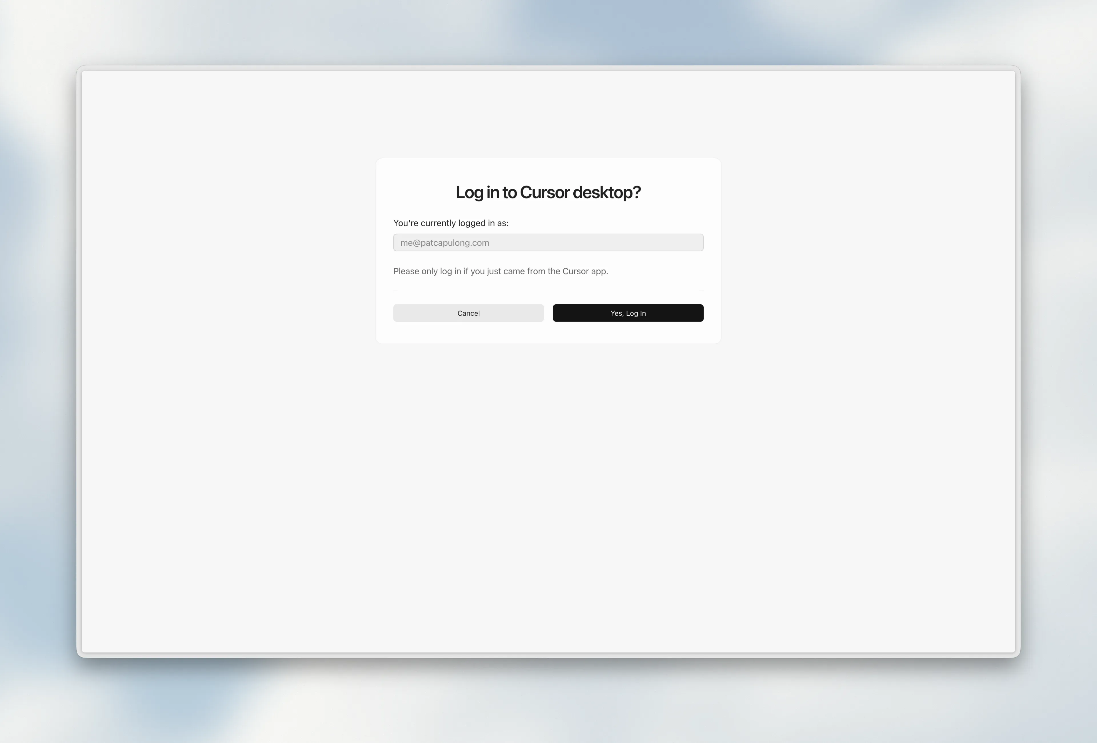 Browser confirmation dialog asking to log in to Cursor desktop
