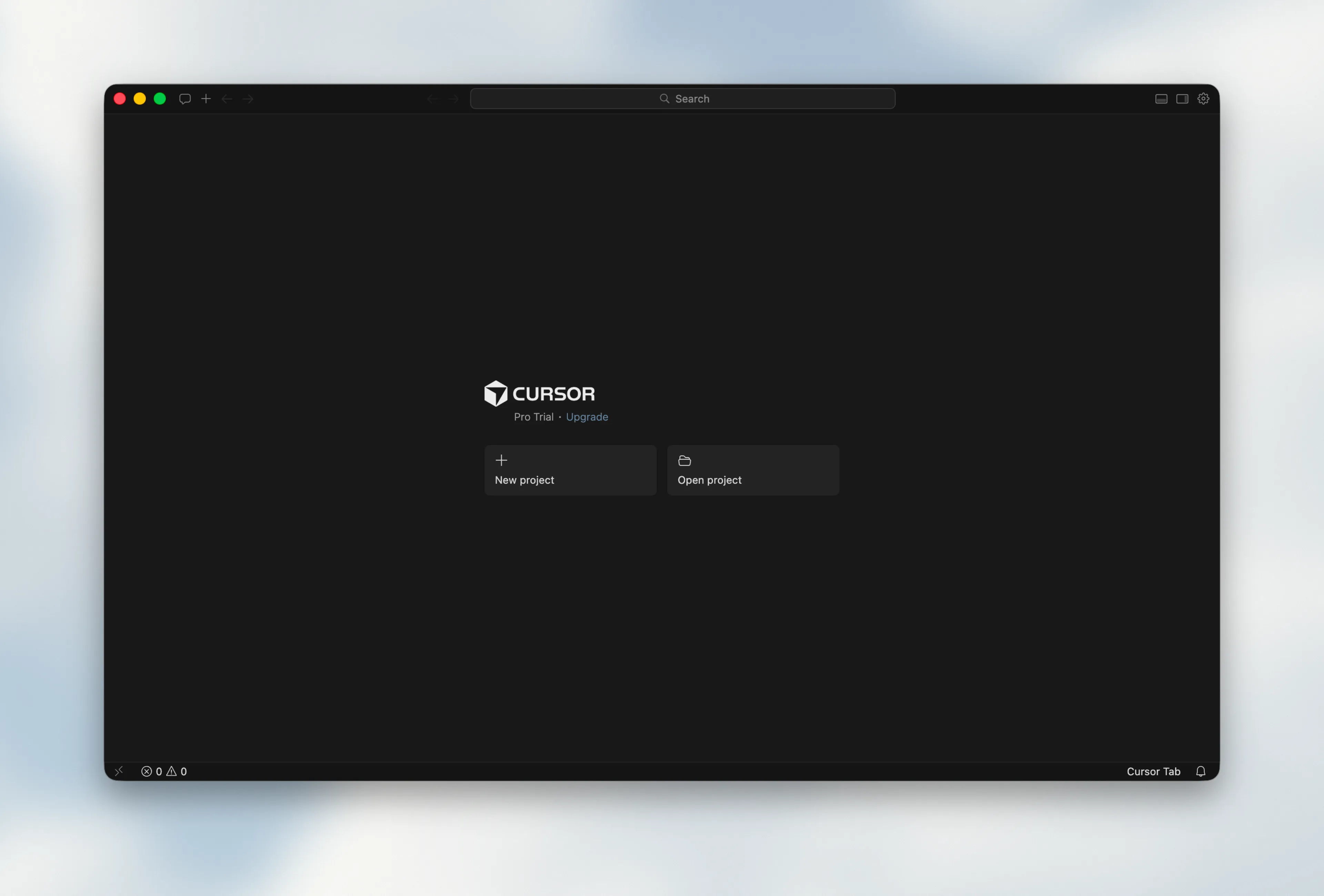 Cursor home screen showing New project and Open project buttons