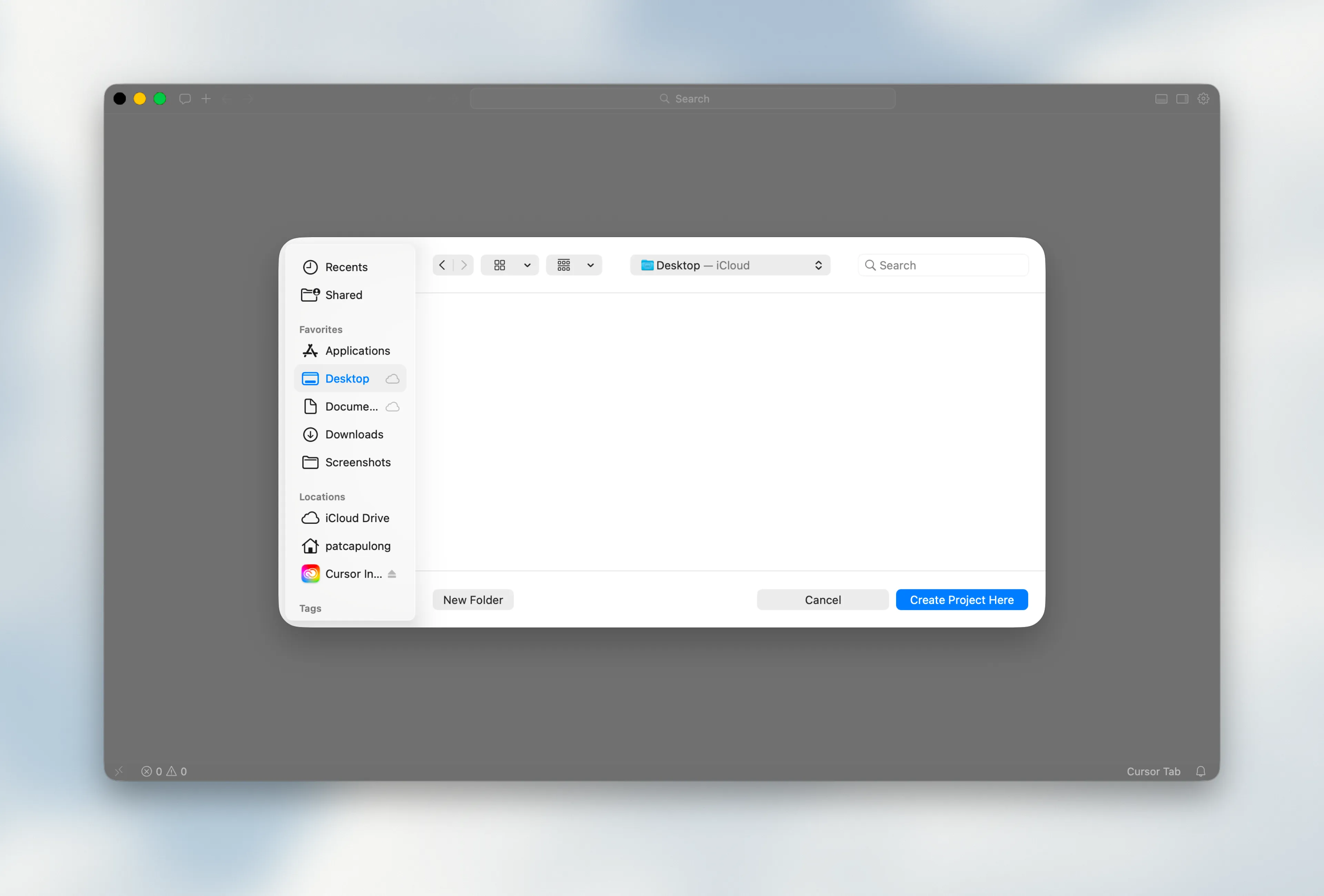 macOS file dialog with Desktop selected and Create Project Here button