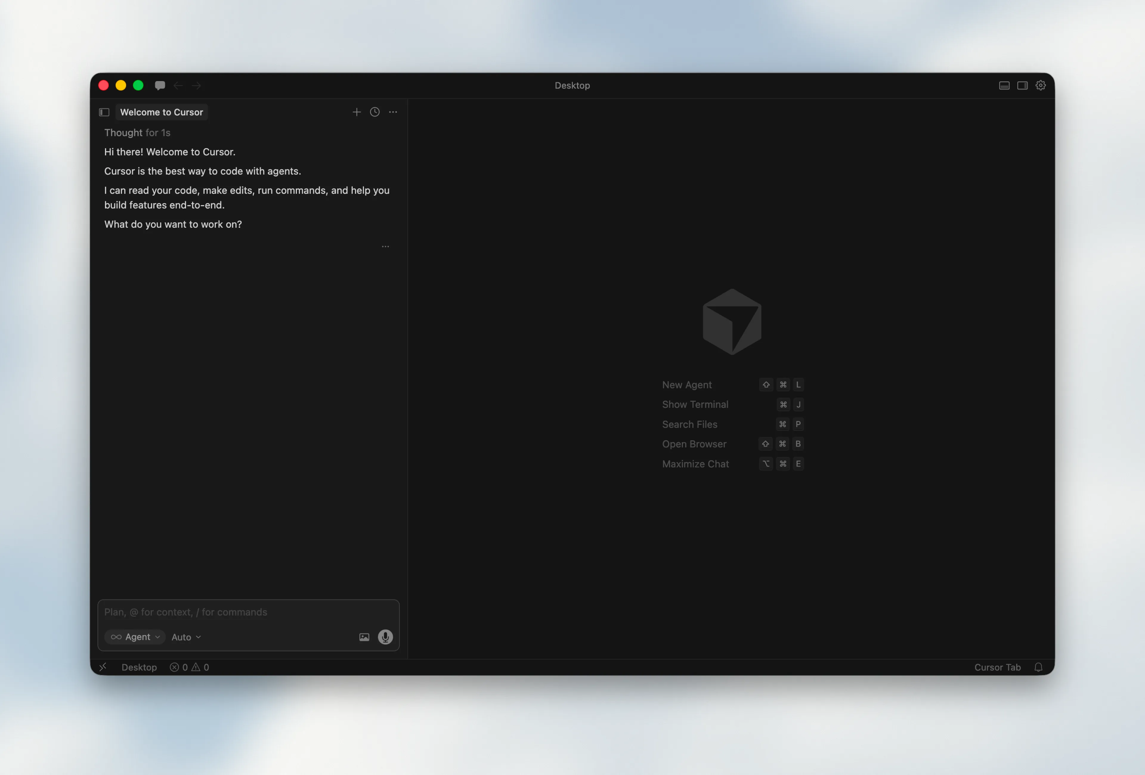 Cursor editor with Welcome to Cursor agent chat message on the left panel