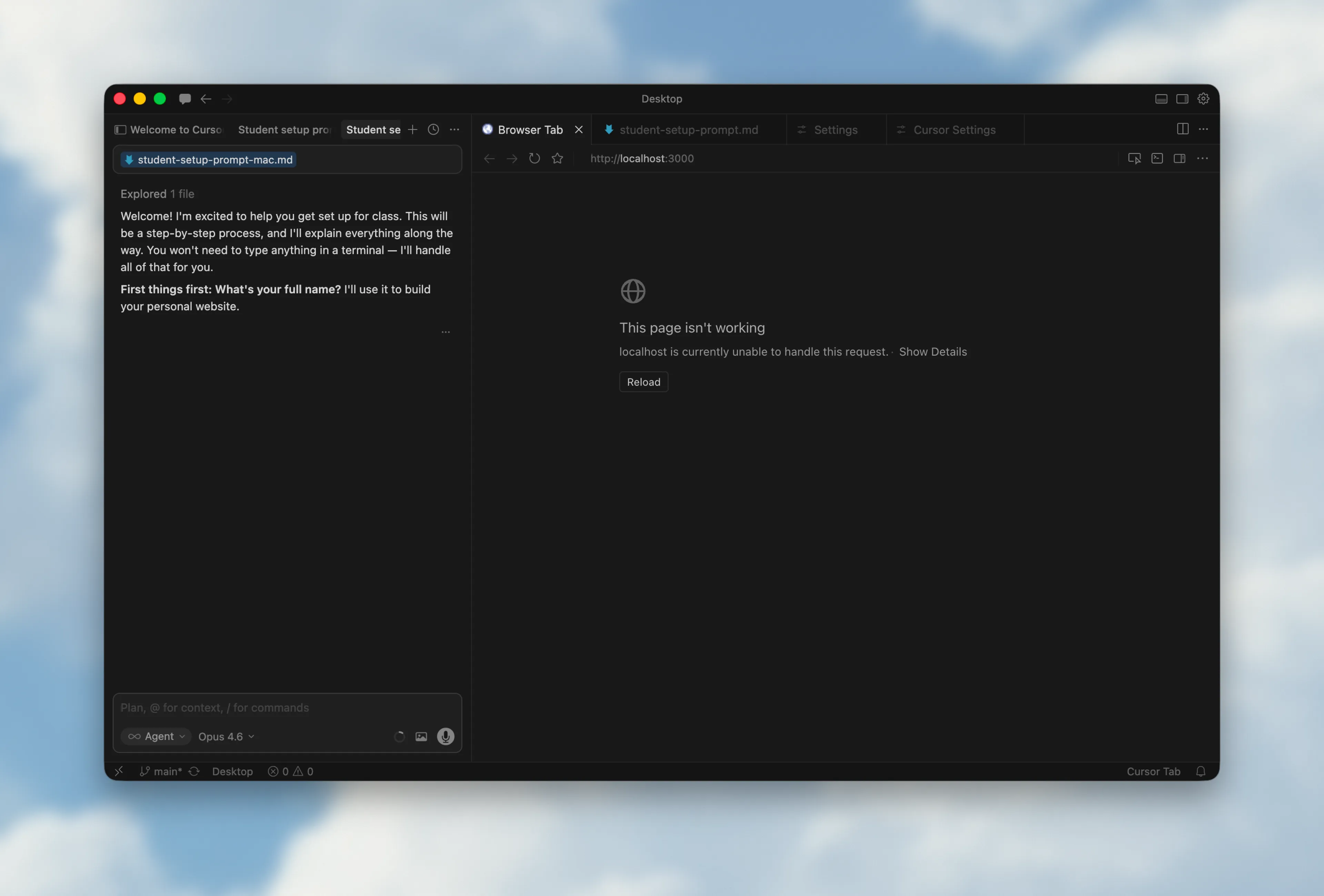 Cursor with the agent chat active on the left, processing the setup prompt