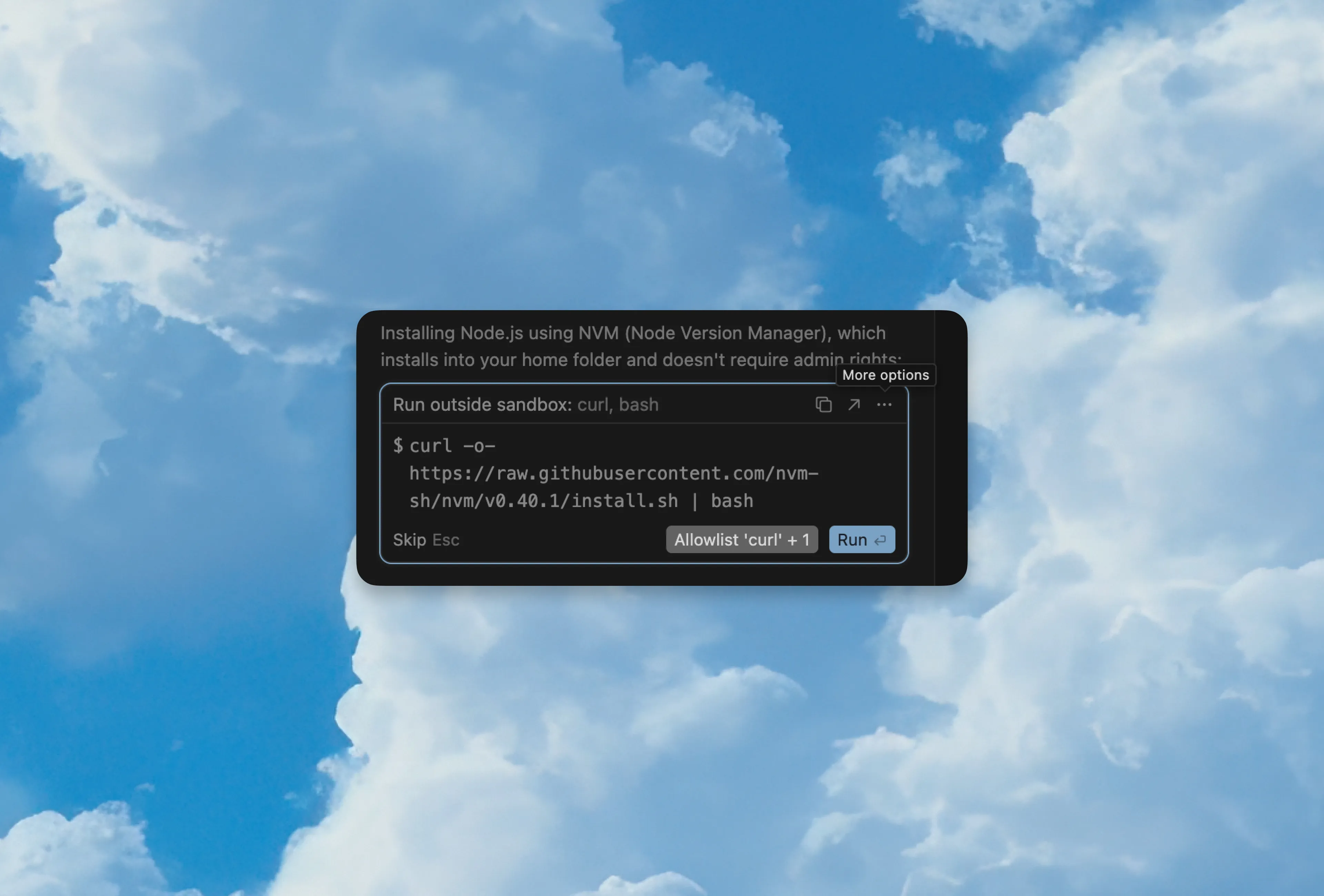 Cursor command block showing the three dots menu and Run button