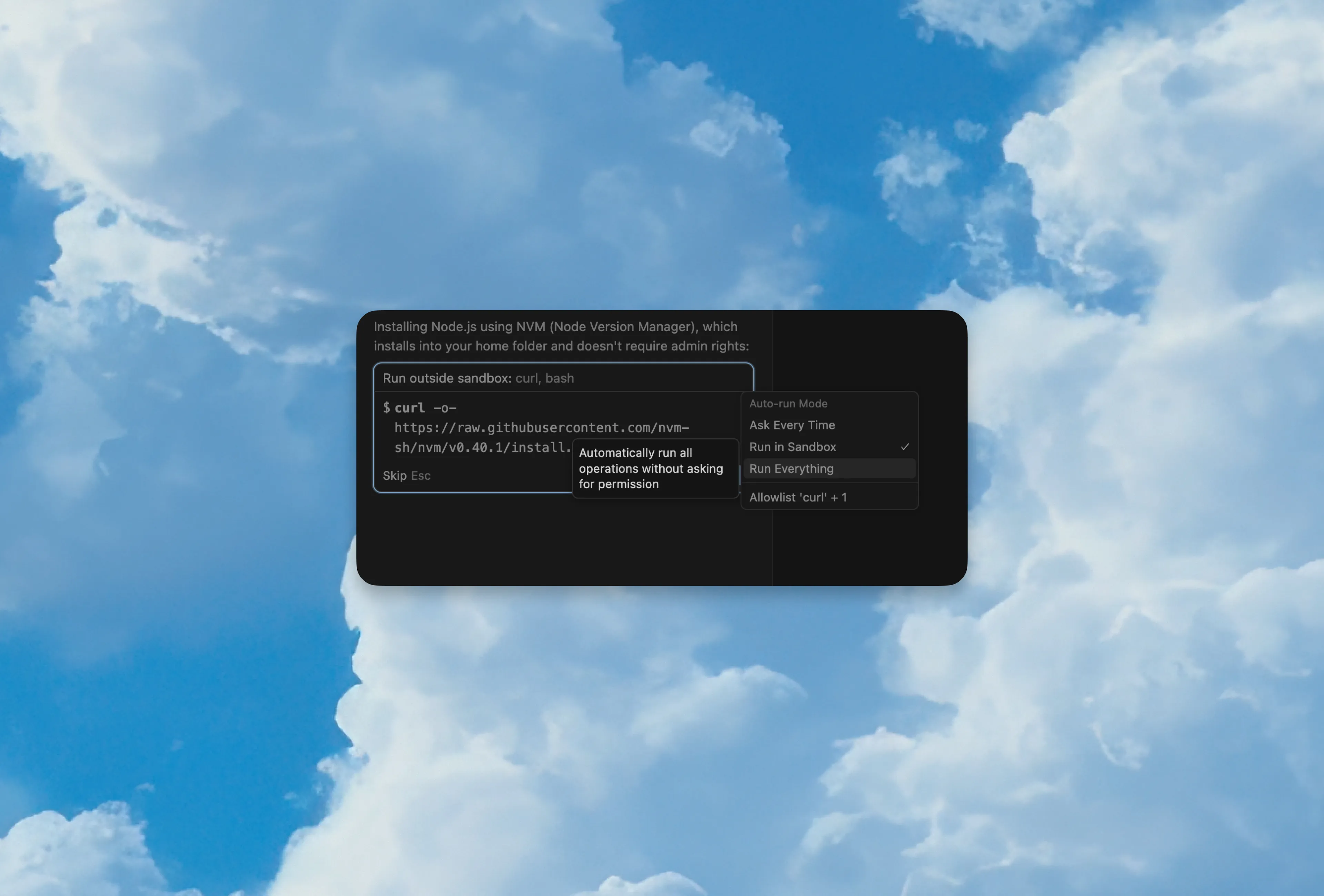 Dropdown menu showing Run Everything option to auto-approve all commands