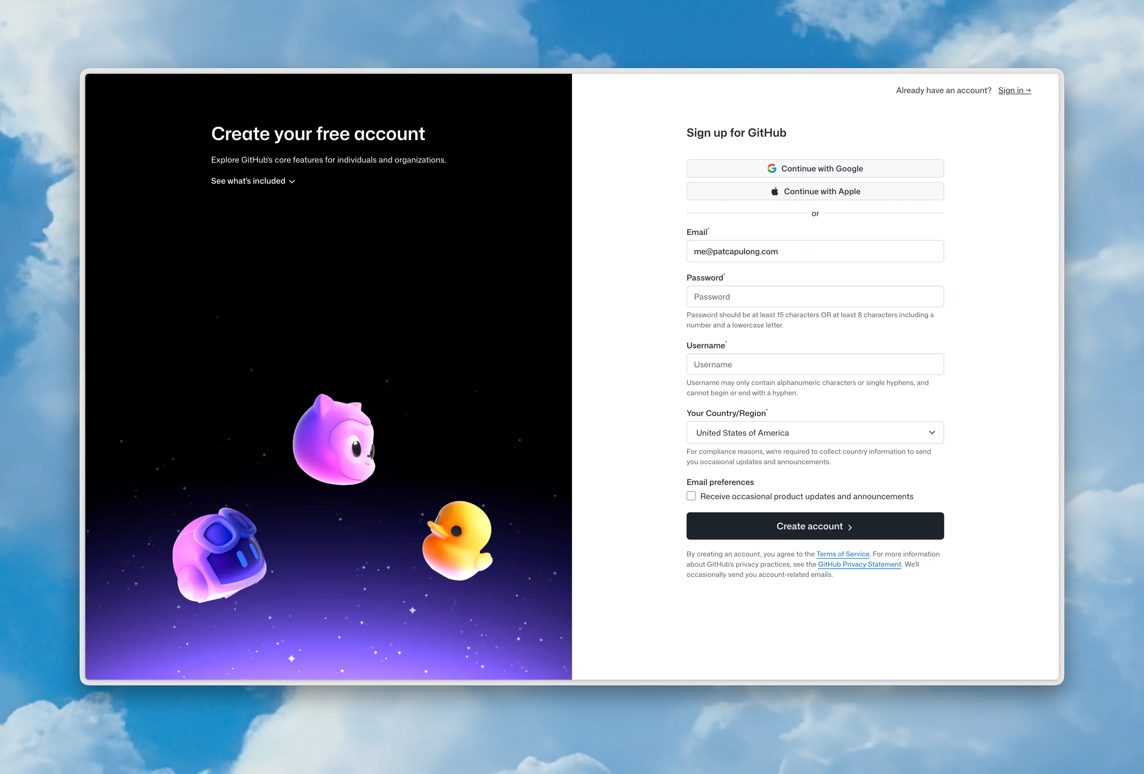 GitHub signup page with email, password, and username fields