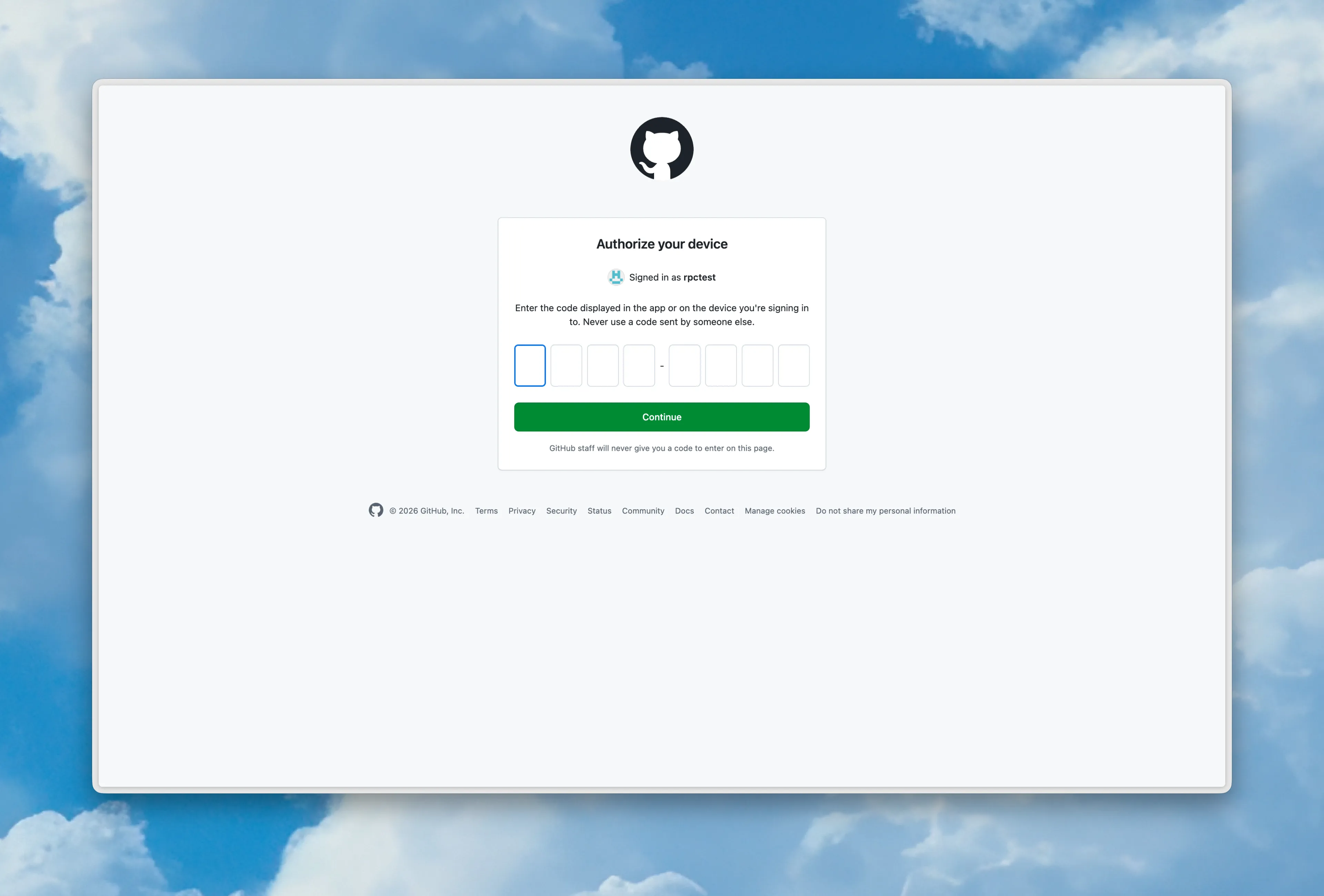 GitHub device authorization page where you enter the code from Cursor