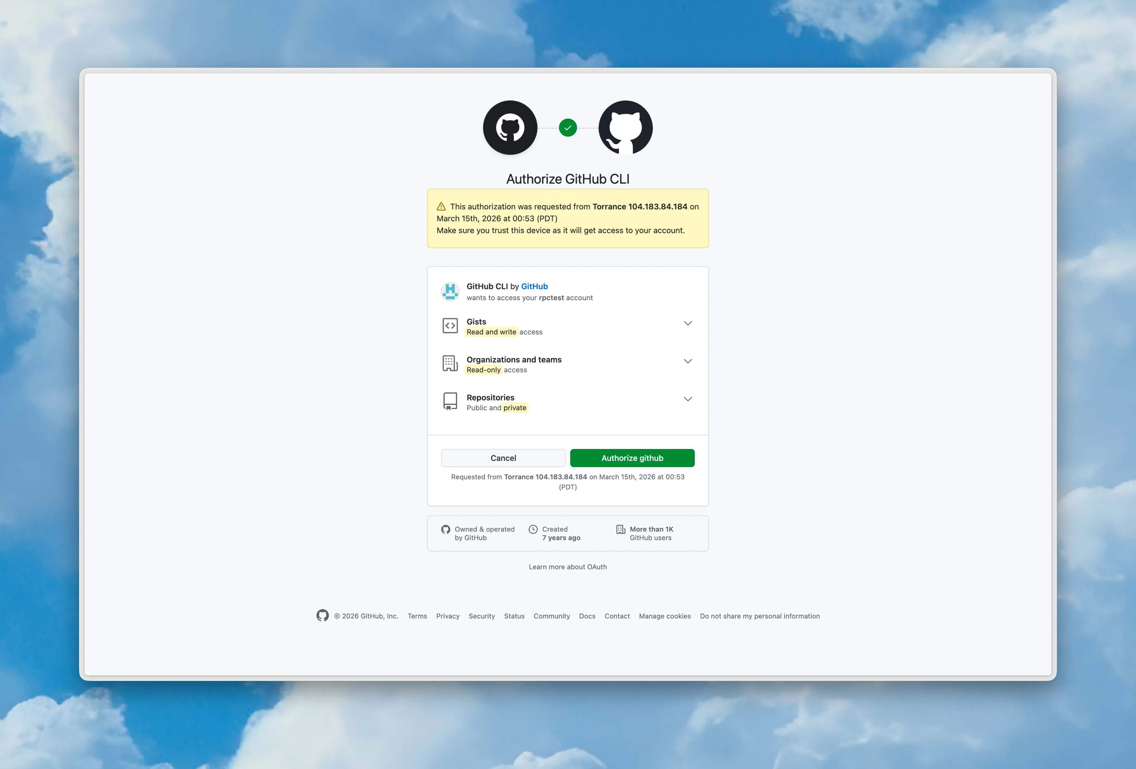 GitHub page to authorize the GitHub CLI with Authorize button