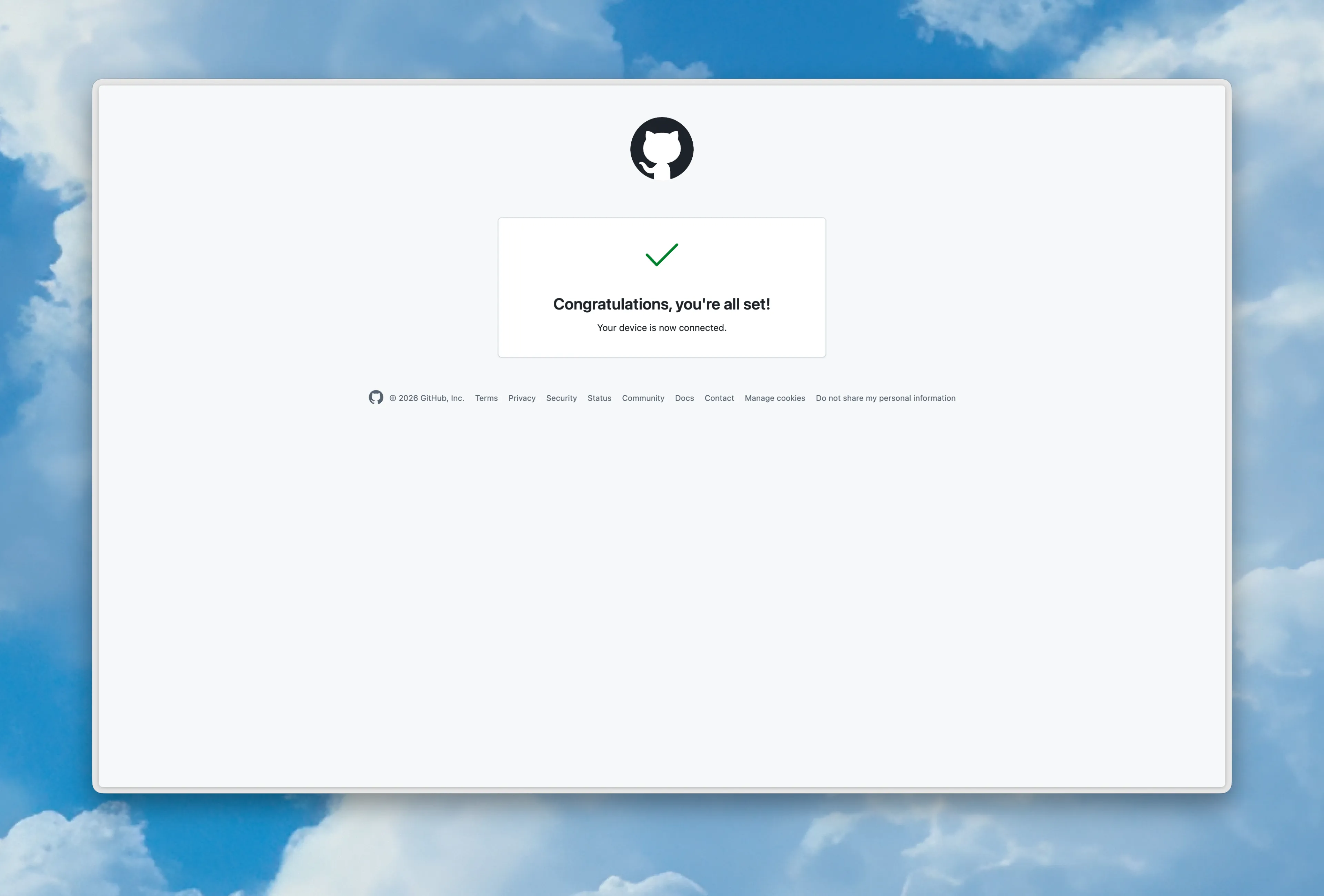 GitHub confirmation showing Congratulations, you're all set