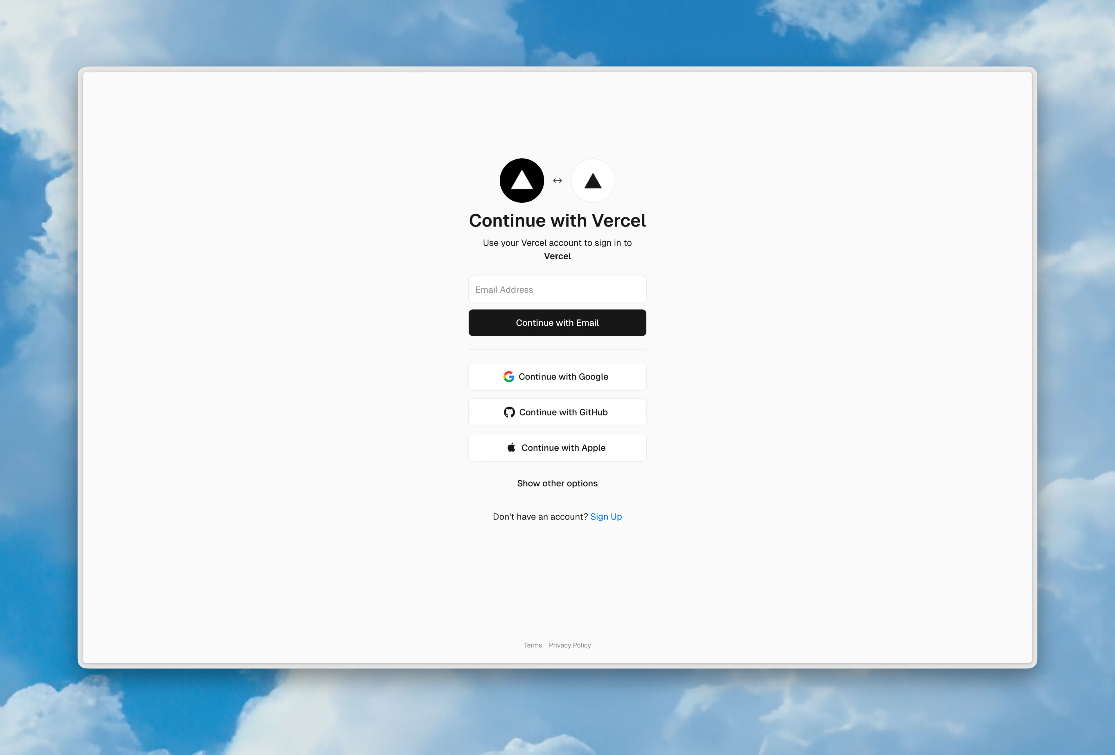 Vercel signup page with Continue with GitHub option