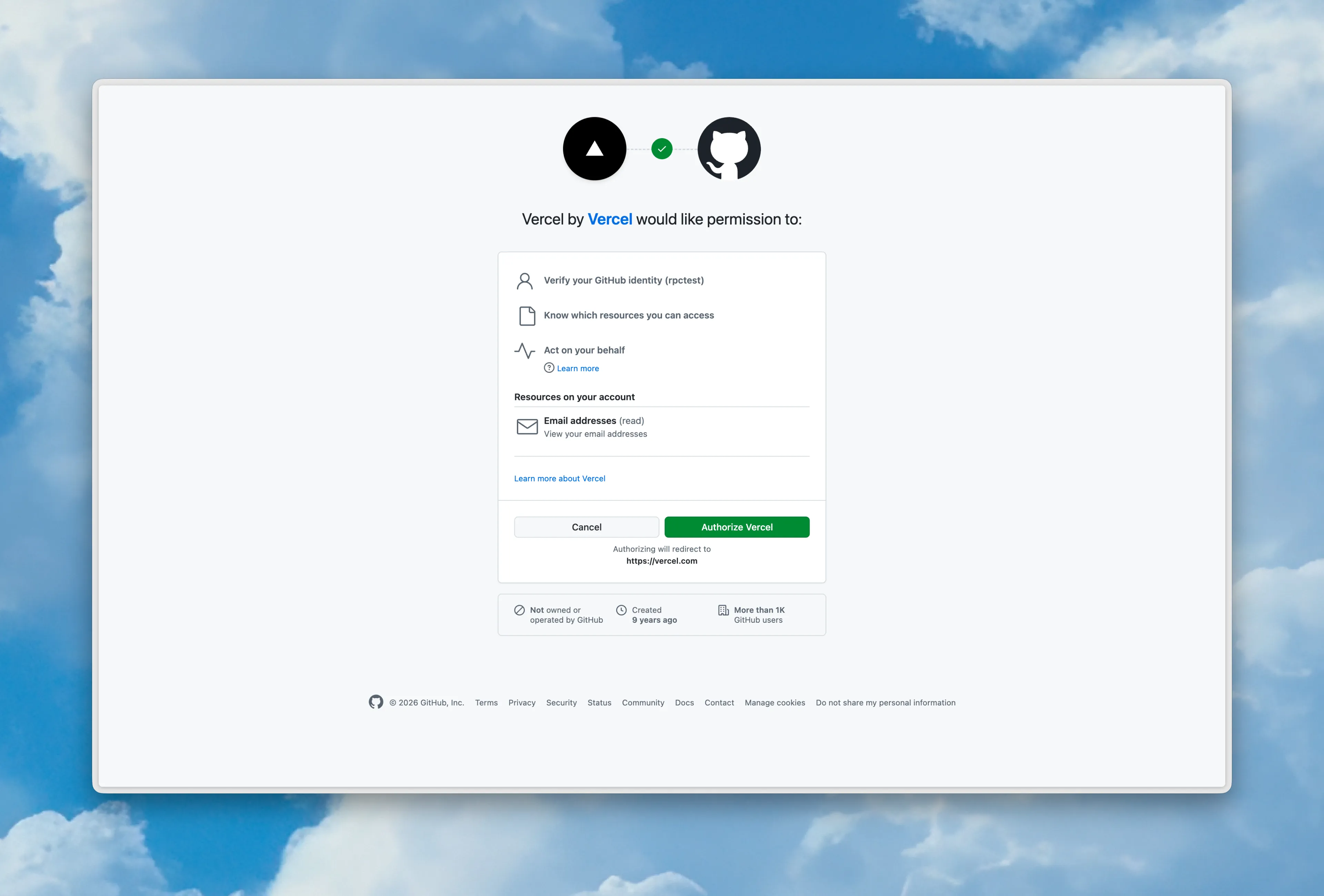 GitHub page asking to authorize Vercel with your GitHub account