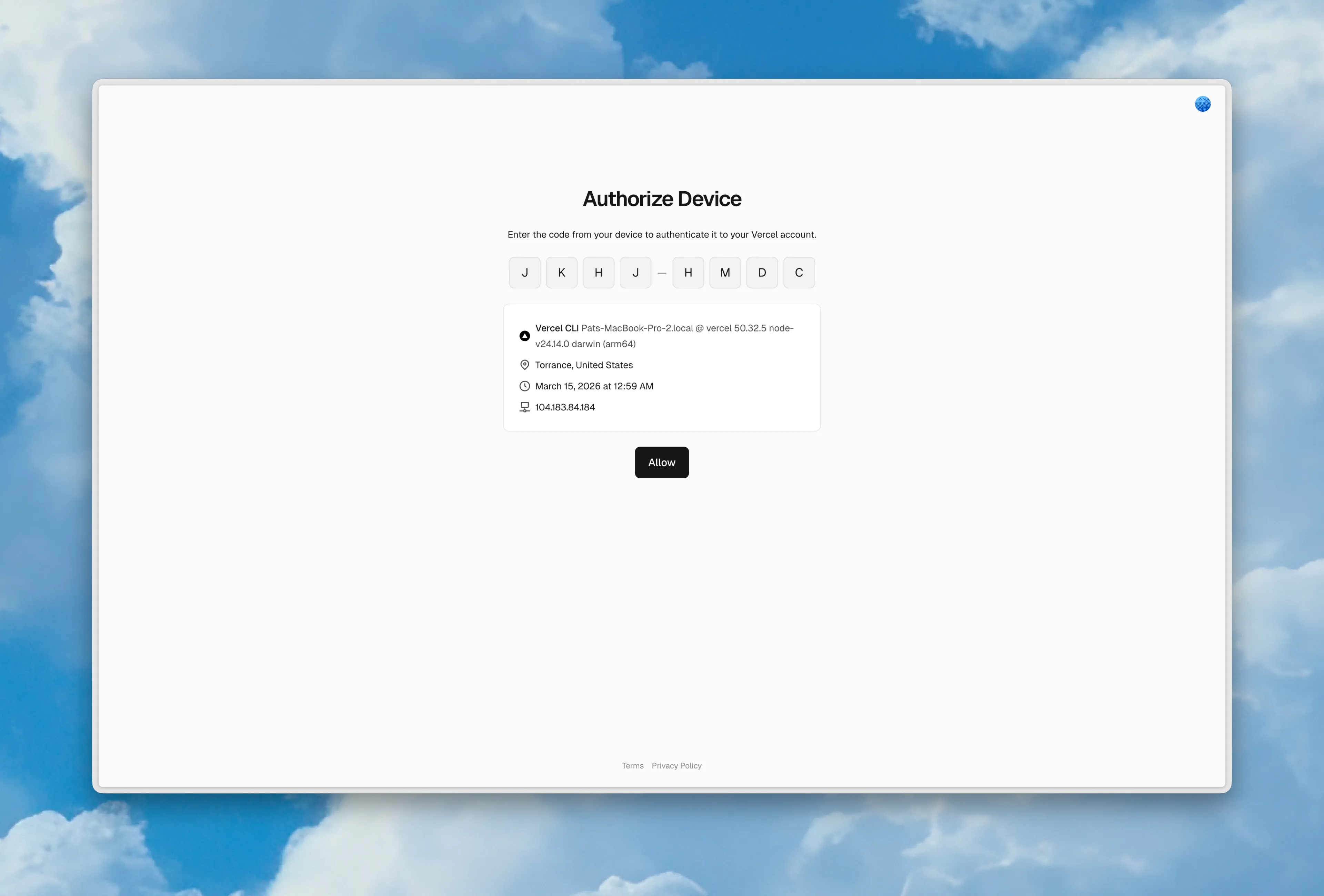 Vercel device authorization page with Allow button