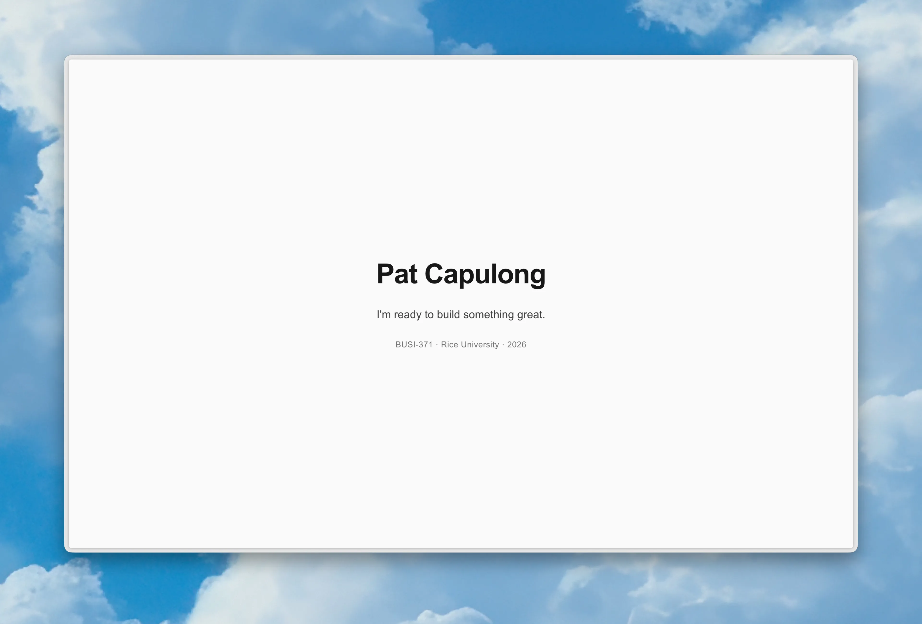 The finished personal website live on Vercel showing name and tagline
